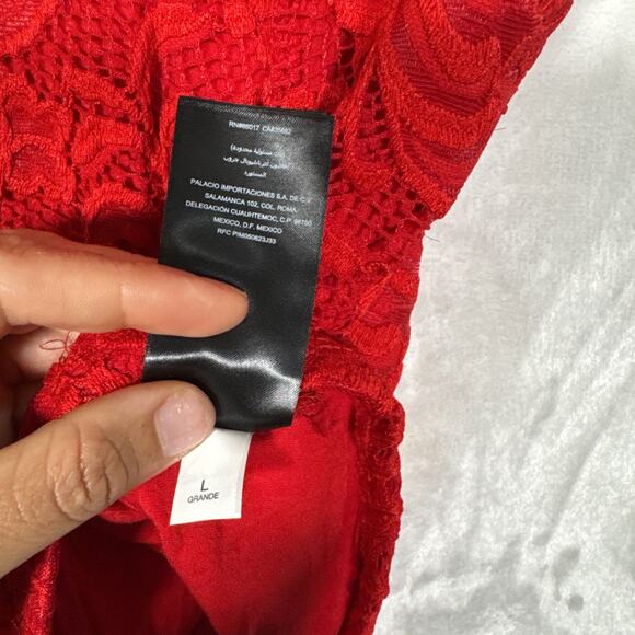 bebe Red Goth Lace Keyhole Back Top LG | Vintage Y2K Sheer Floral High Neck - Picture 5 of 11